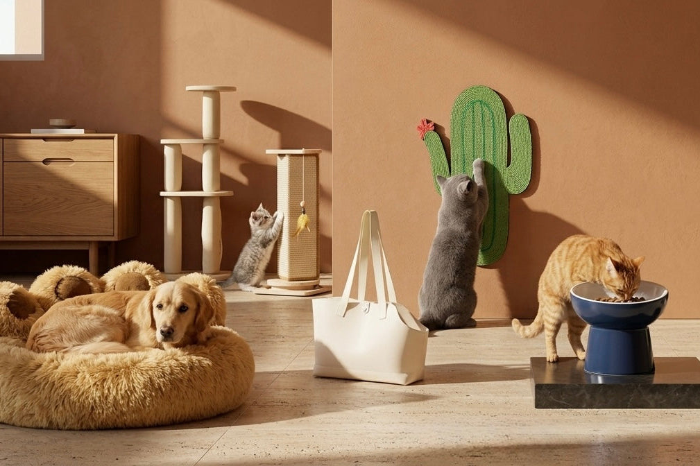 Pet toys and furniture arranged in a room with sunlight casting shadows.